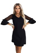 668-1 Trapezowa sukienka brokatowa z tiulowymi rękawami i dekoltem V - czarna