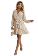 671-1 Zmysłowa sukienka mini z kopertowym dekoltem - beżowa