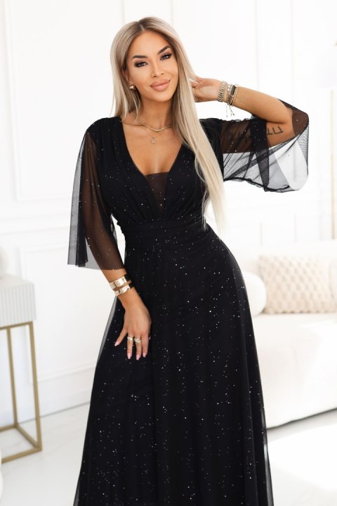 654-5 Długa połyskująca sukienka plus size z dekoltem i transparentnym rękawkiem - czarna