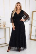 654-5 Długa połyskująca sukienka plus size z dekoltem i transparentnym rękawkiem - czarna